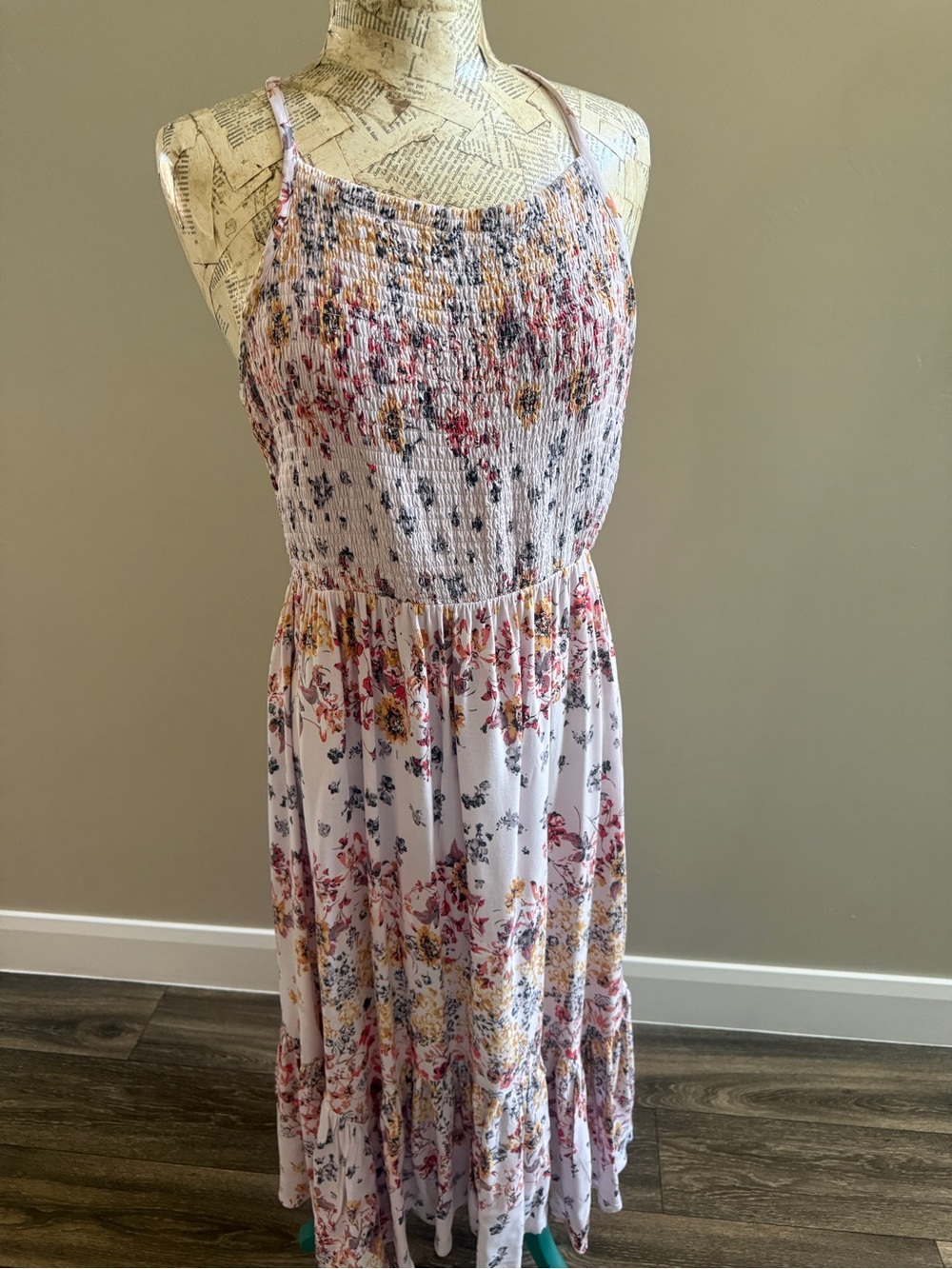 Maurices White Floral Smocked Maxi Dress with Pink and Yellow Accents